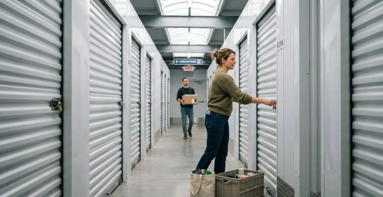 Couloir lumineux d'un centre de self-stockage avec des boxes sécurisés de chaque côté et une lumière naturelle entrant par une fenêtre en hauteur