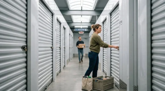 Couloir lumineux d'un centre de self-stockage avec des boxes sécurisés de chaque côté et une lumière naturelle entrant par une fenêtre en hauteur