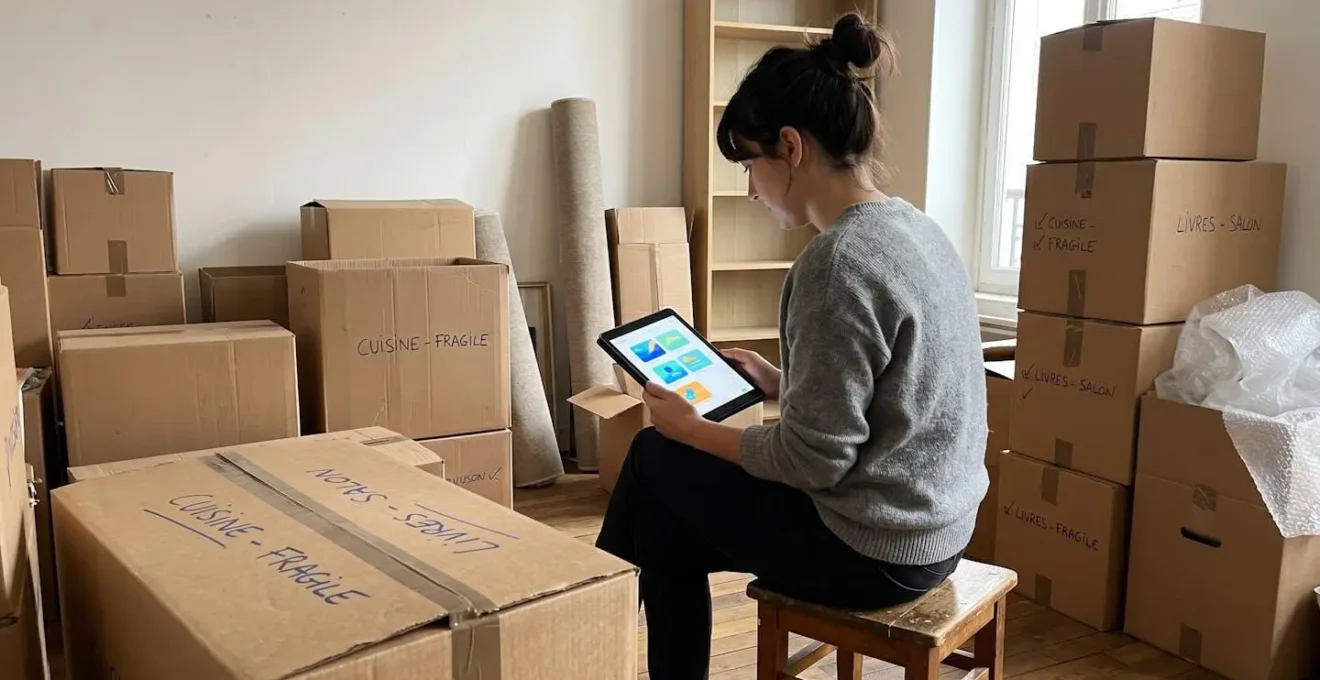 Personne assise consultant une checklist sur une tablette numérique, avec des cartons de déménagement empilés en arrière-plan flou, lumière naturelle d'une fenêtre