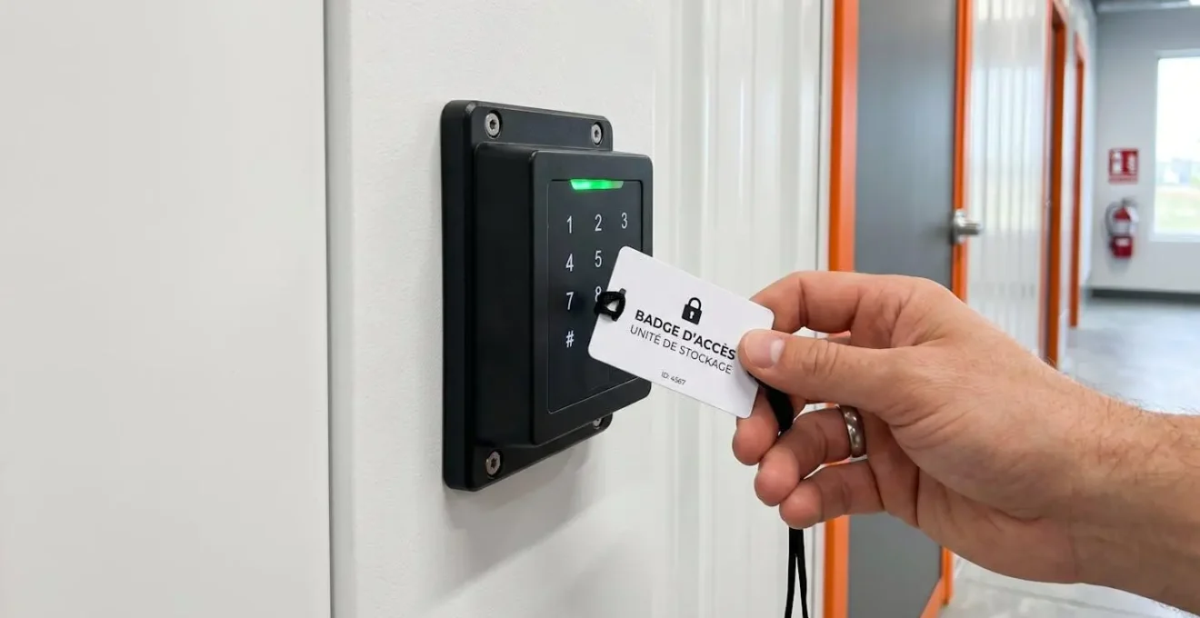 Main d'une personne utilisant un badge électronique pour déverrouiller la porte d'un box de stockage individuel dans un couloir propre et bien éclairé
