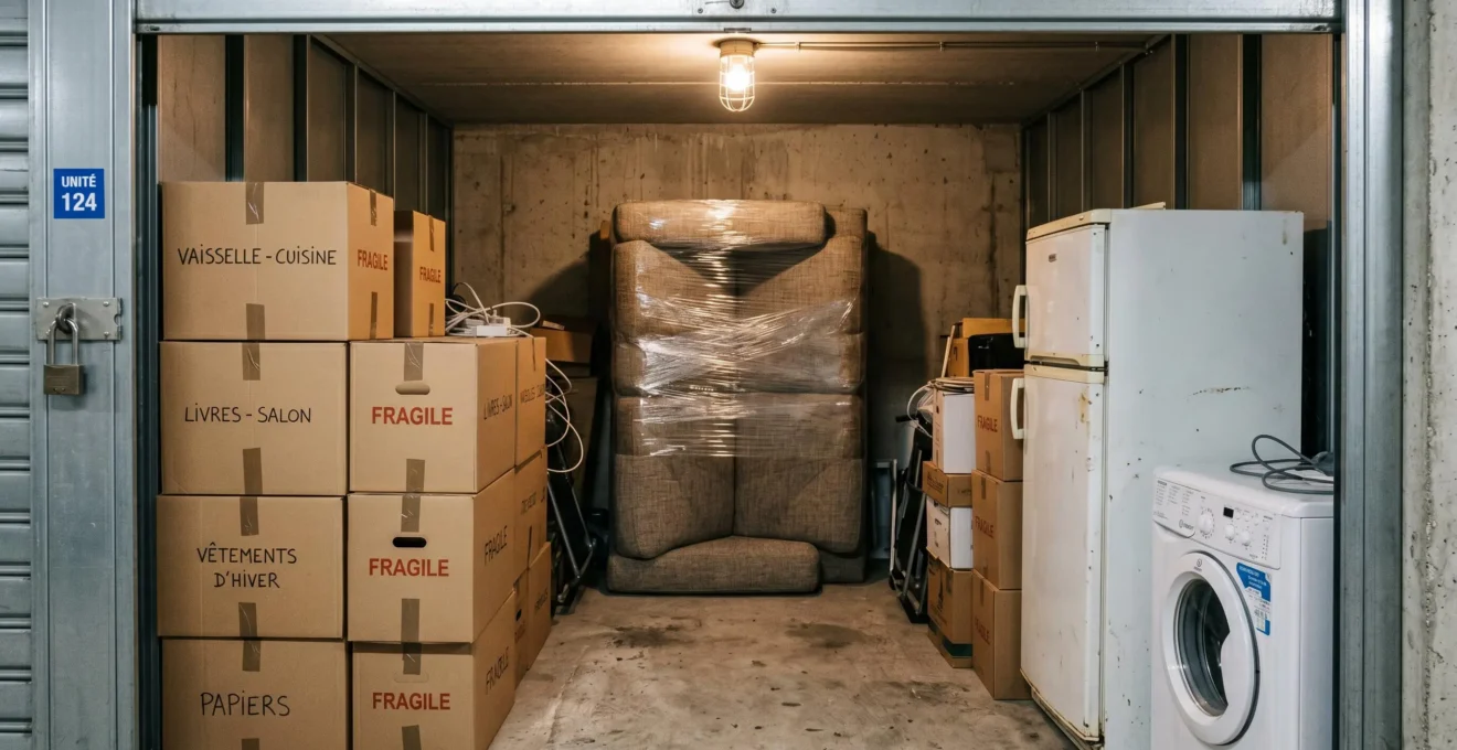 Intérieur d'un box de stockage de 6m² avec mobilier typique rangé : canapé emballé, cartons empilés, électroménager et espace disponible au centre