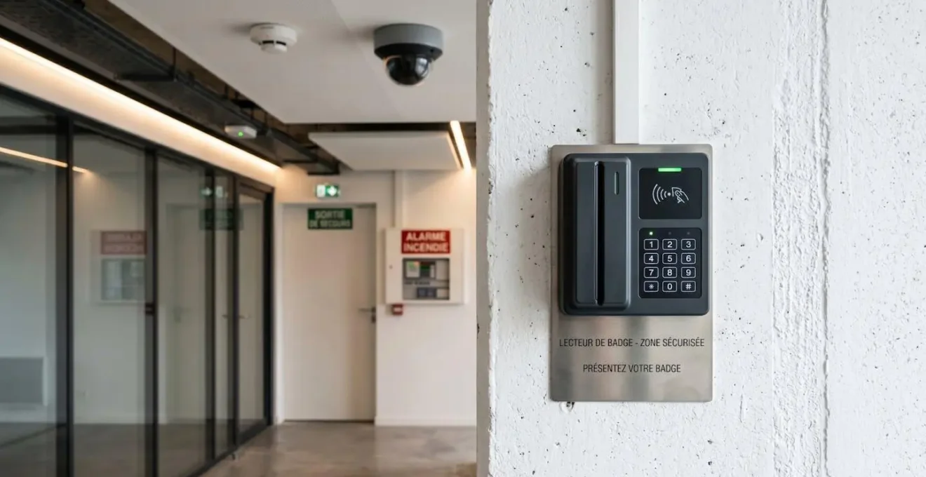 Système de contrôle d'accès par badge avec caméra de surveillance et détecteur incendie dans un centre de stockage professionnel