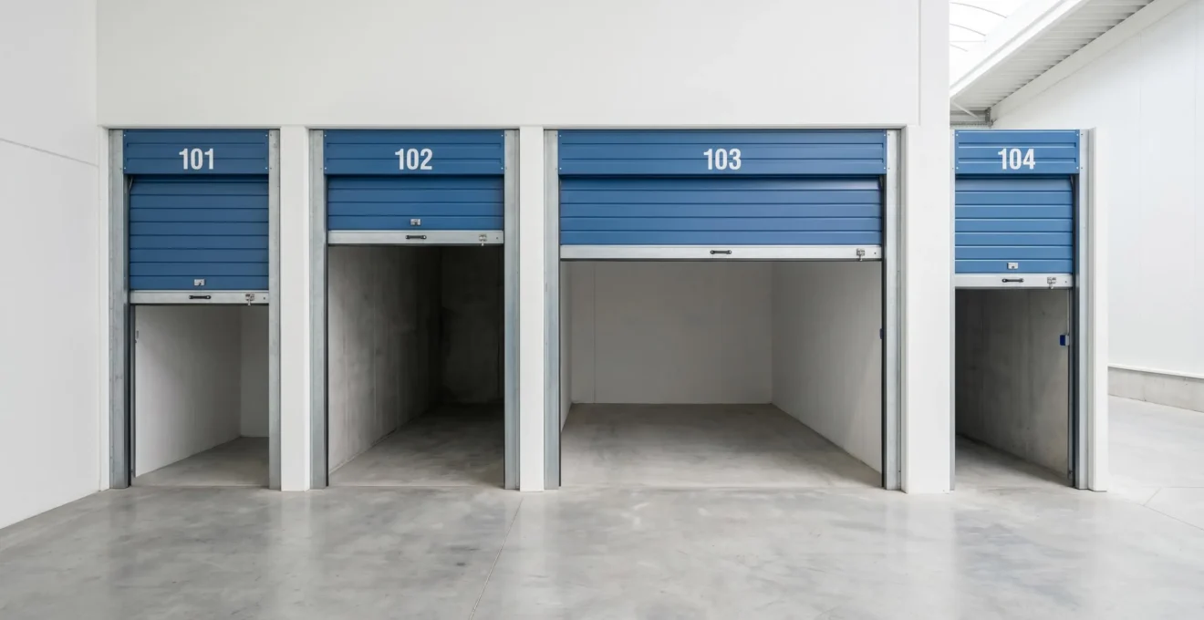 Vue frontale de boxes de stockage de différentes tailles avec portes métalliques ouvertes révélant l'intérieur vide et propre
