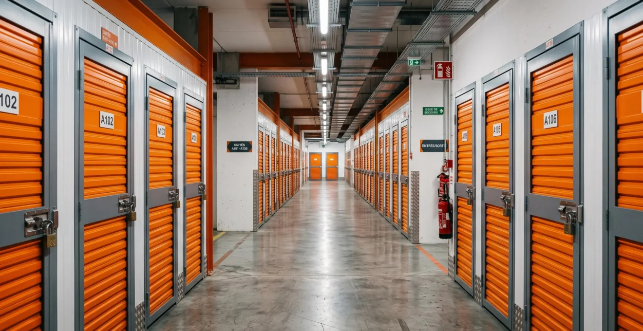 Long corridor inside a self-storage facility with rows of numbered orange metal storage unit doors