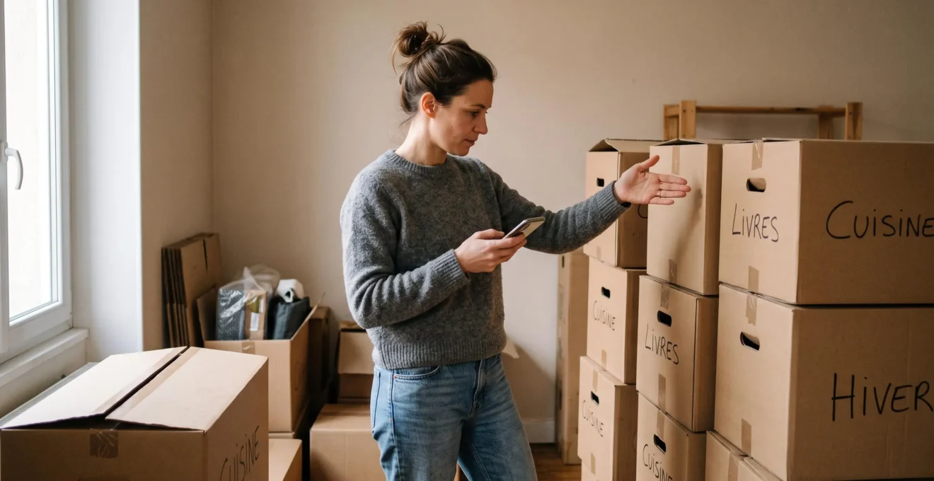 Woman standing among stacked moving boxes while using her smartphone to evaluate storage space needed