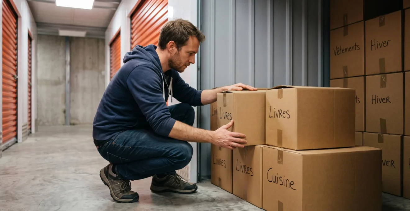 Man crouching while organizing and stacking cardboard boxes inside a self-storage unit