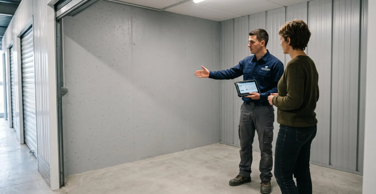 Storage facility staff member showing an empty storage unit to a potential client during a pre-rental consultation